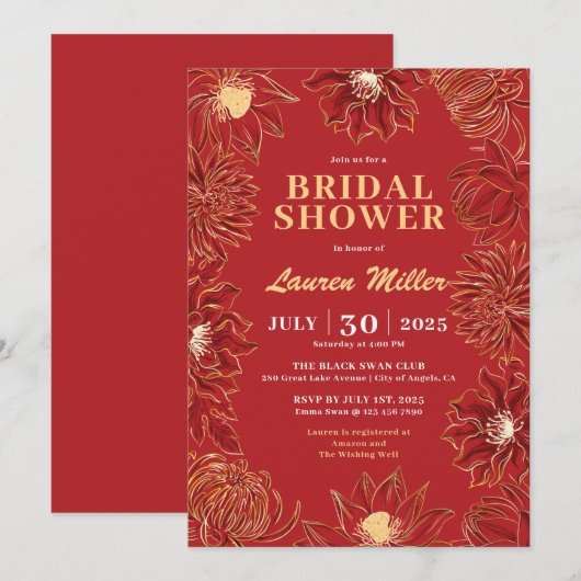 Invitation Fleur rouge Lotus Mariage floral oriental (Devant / Derrière)