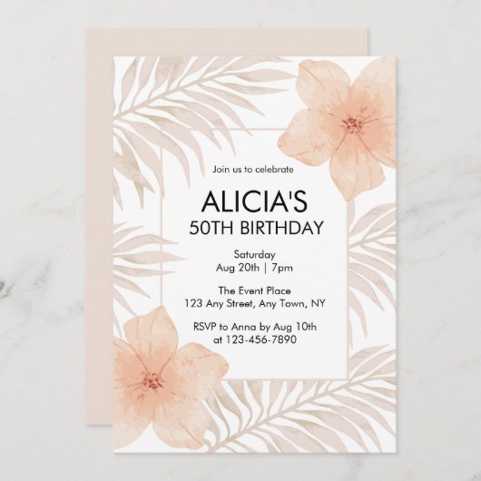 Invitation Fleur rousse poussiéreuse Sec Palm Leaf Boho Anniv (Devant / Derrière)