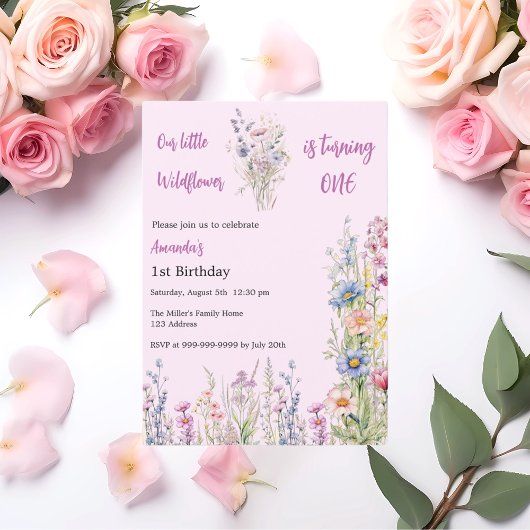 Invitation Fleur sauvage 1er anniversaire rose violet fille