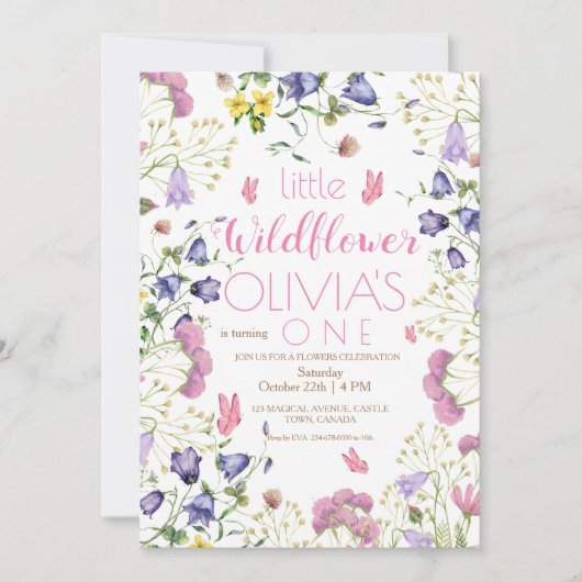 Invitation Fleur sauvage 1er anniversaire Script rose (Devant)