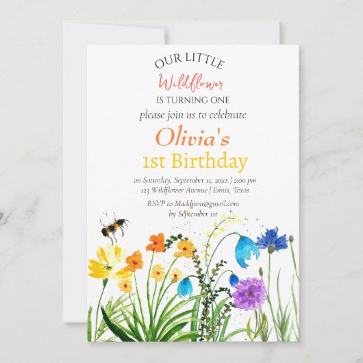 Invitation Fleur sauvage 1er premier anniversaire Rouge Bleu  (Devant)