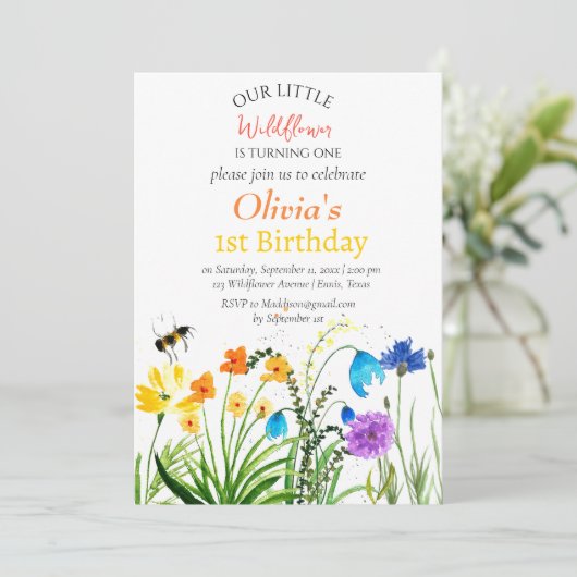 Invitation Fleur sauvage 1er premier anniversaire Rouge Bleu (Debout devant)