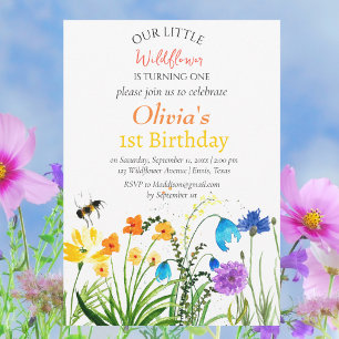 Invitation Fleur sauvage 1er premier anniversaire Rouge Bleu