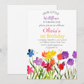 Invitation Fleur sauvage 1er premier anniversaire Rouge Bleu (Devant / Derrière)