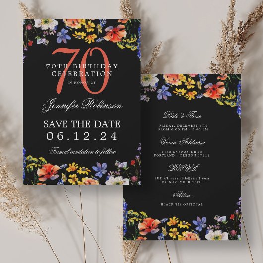 Invitation Fleur sauvage 70th Birthday Save Date Détails Noir