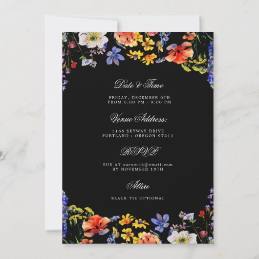 Invitation Fleur sauvage 80th Birthday Save Date Détails Noir (Dos)