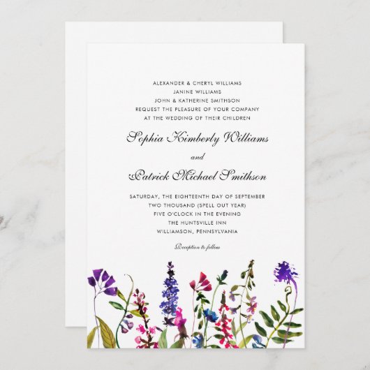 Invitation Fleur sauvage aquarelle | 3 définit le mariage des (Devant / Derrière)