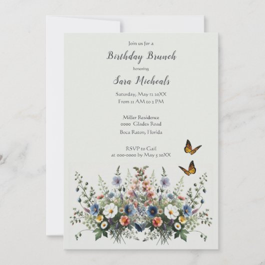 Invitation Fleur sauvage Aquarelle Anniversaire Brunch Invita (Devant)