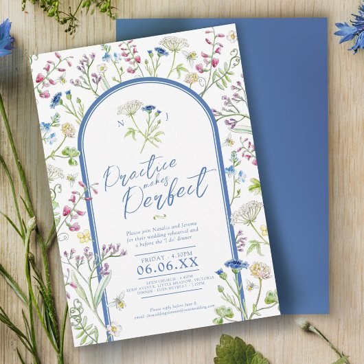 Invitation Fleur sauvage aquarelle bleu mariage répétition