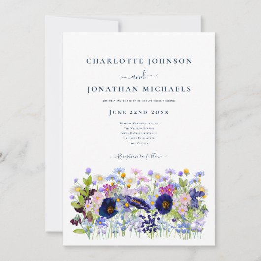 Invitation Fleur sauvage aquarelle bleu QR Code Mariage (Devant)