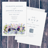 Invitation Fleur sauvage aquarelle bleu QR Code Mariage
