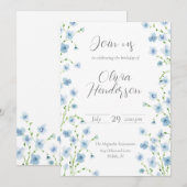 Invitation Fleur sauvage aquarelle bleue élégante  (Devant / Derrière)