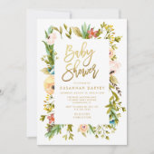 Invitation Fleur sauvage aquarelle or Baby shower calligraphi (Devant)