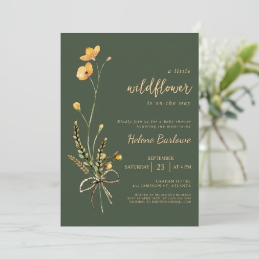 Invitation Fleur sauvage Aquarelle Vert Elégant Baby shower (Debout devant)