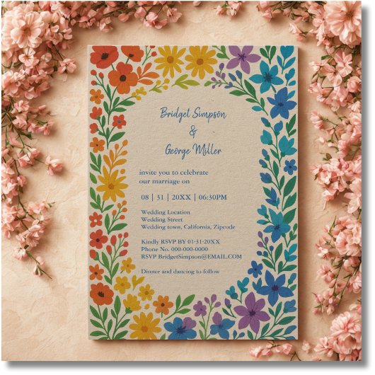 Invitation Fleur sauvage arc-en-ciel Mariage floral rustique