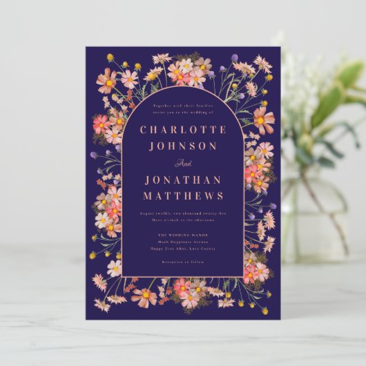 Invitation Fleur sauvage Arch Navy Mariage de automne en terr (Debout devant)