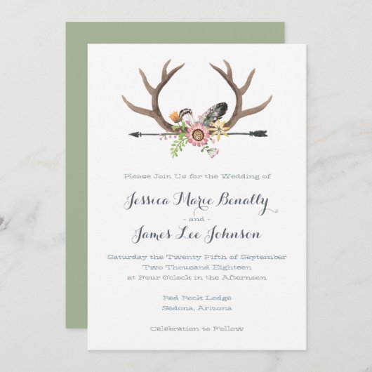Invitation Fleur sauvage Arrow et Mariage Antlers (Devant / Derrière)
