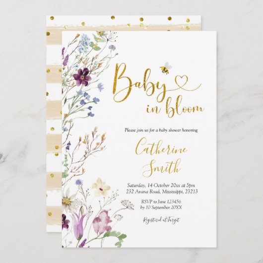 Invitation Fleur sauvage Baby est dans Bloom Baby shower Invi (Devant / Derrière)