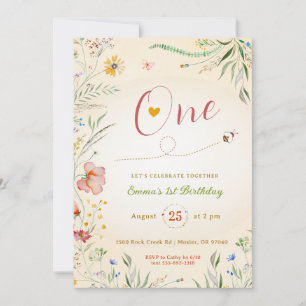 Invitation Fleur sauvage Baby Girl 1er premier anniversaire d