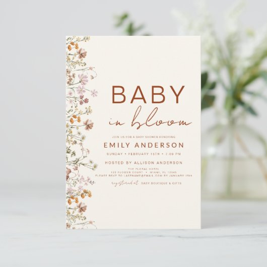 Invitation Fleur sauvage Baby in Bloom Baby shower Terracotta (Debout devant)