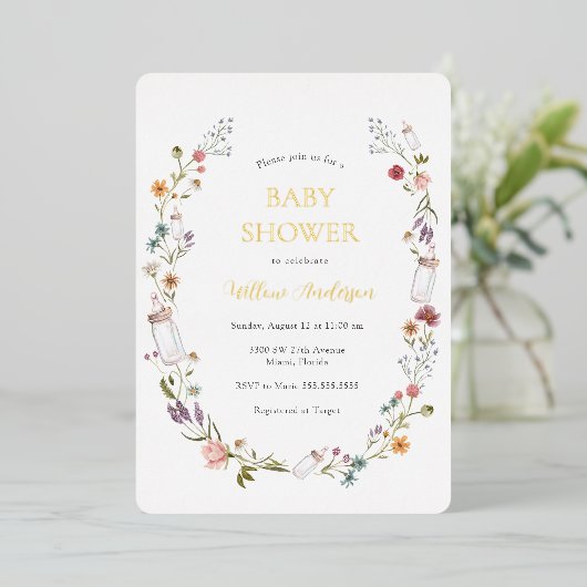 Invitation fleur sauvage Baby shower Foil (Debout devant)