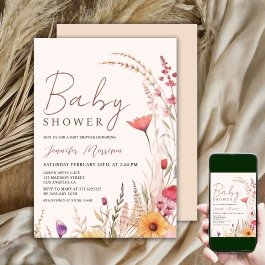 Invitation Fleur sauvage Baby shower Genre Neutre Boho