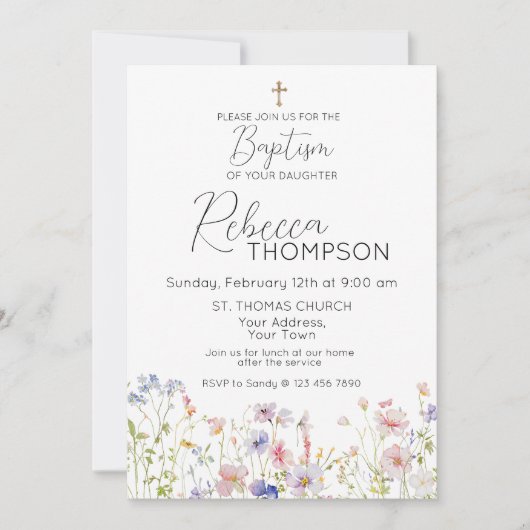 Invitation fleur sauvage Baptême fille (Devant)