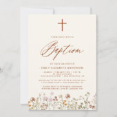 Invitation Fleur sauvage Baptême Script Beige neutre (Devant)