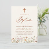 Invitation Fleur sauvage Baptême Script Beige neutre (Debout devant)
