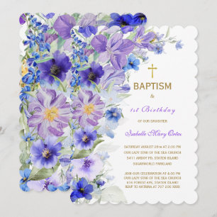 Invitation Fleur sauvage Baptême Violet et Premier Anniversai
