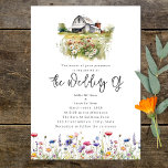 Invitation Fleur sauvage Barn Rustic Mariage<br><div class="desc">Thème rustique mariage avec illustration de la ferme rustique avec grange et fleurs sauvages. Bordure fleur sauvage en bas.</div>