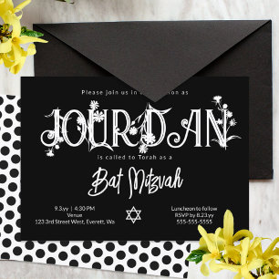 Invitation Fleur sauvage Bat mitzvah noir moderne