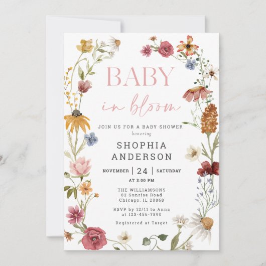Invitation Fleur sauvage Bébé En Fleur Baby shower Fille (Devant)