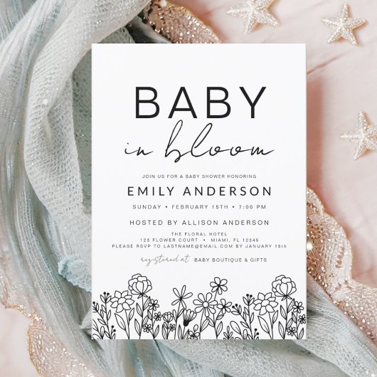 Invitation Fleur sauvage bébé en Fleur Baby shower noir blanc