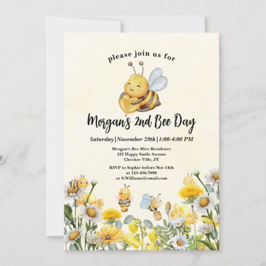 Invitation Fleur sauvage Bee Two 2e Jour de l'abeille Anniver (Devant)