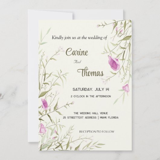 Invitation Fleur sauvage, belles fleurs, mariage dessiné à la (Devant)