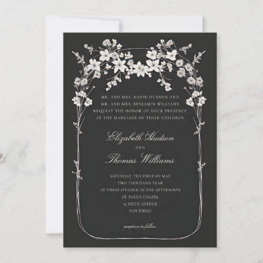 Invitation Fleur sauvage Black Boho Arch Mariage de script of (Devant)