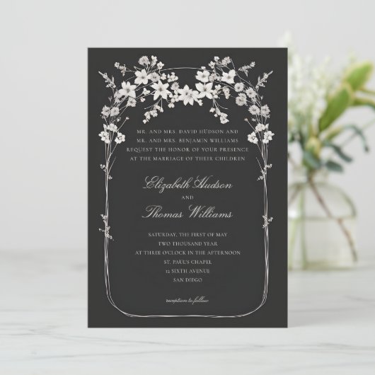 Invitation Fleur sauvage Black Boho Arch Mariage de script of (Debout devant)