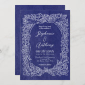Invitation Fleur sauvage blanc bleu de la marine texturé Mari (Devant / Derrière)