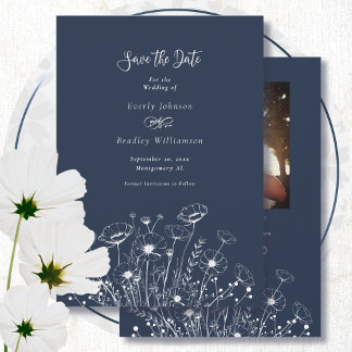 Invitation Fleur sauvage blanc de la marine noire Enregistrer