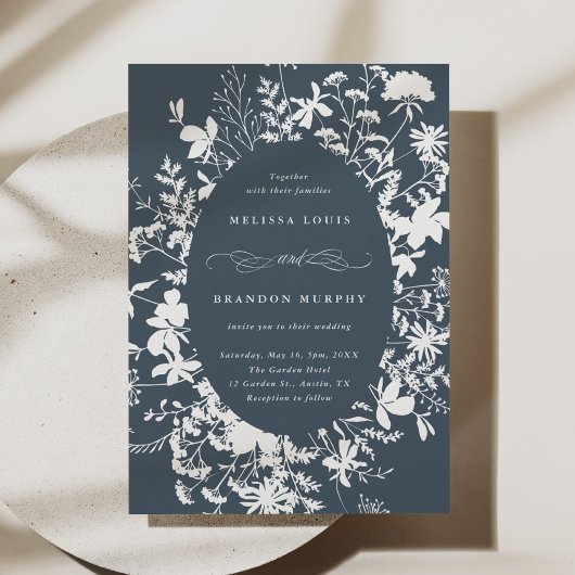Invitation Fleur sauvage blanc Silhouette Mariage bleu marine