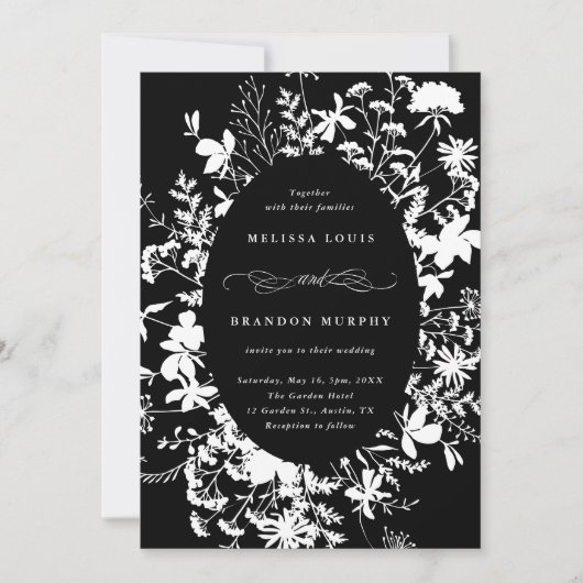 Invitation Fleur sauvage blanc Silhouette Mariage noir (Devant)