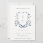 Invitation Fleur sauvage bleu Aqua Monogram Crest Fiançailles (Devant)