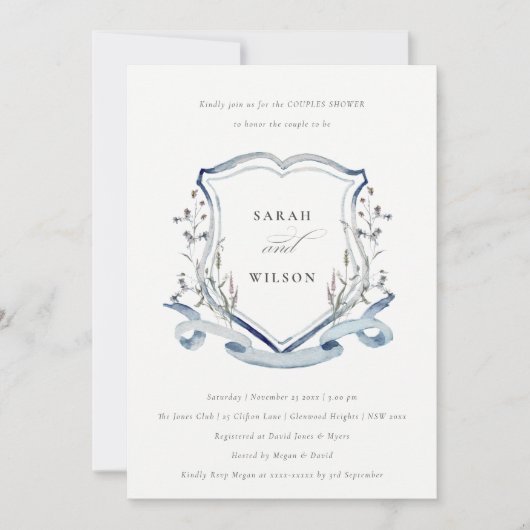 Invitation Fleur sauvage bleu aquarelle Crest Couples Douche (Devant)