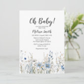 Invitation Fleur sauvage bleu baby shower (Debout devant)