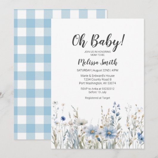 Invitation Fleur sauvage bleu baby shower (Devant / Derrière)