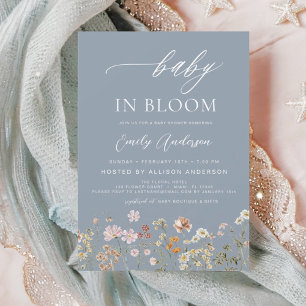 Invitation Fleur sauvage bleu Dusty Baby dans le Baby shower