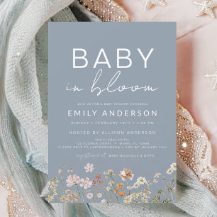 Invitation Fleur sauvage bleu Dusty Baby dans le Baby shower 