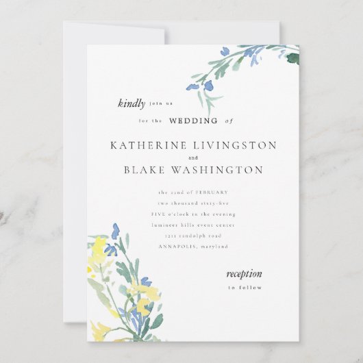 Invitation Fleur sauvage bleu et jaune Mariage couleur  (Devant)