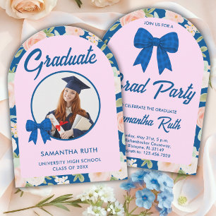 Invitation Fleur Sauvage Bleu Gingham Nœud Photo Fête de Remi